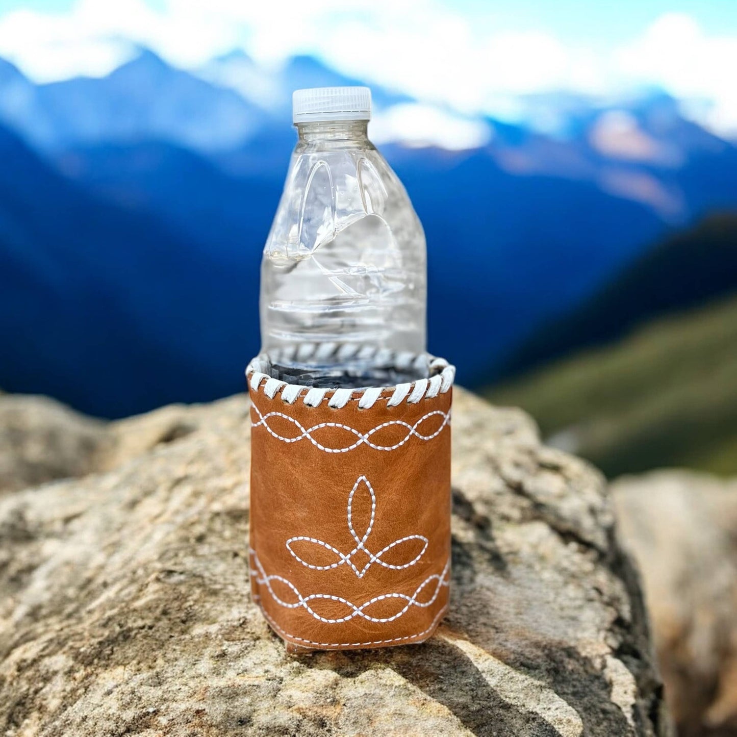 Tan BootStitch leather Koozie