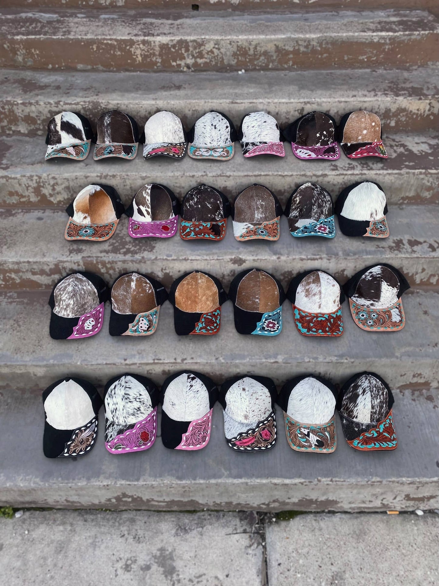 Cowhide Tooled Half Pink Cards Cap