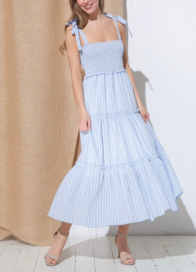 TIERED SMOCKING GINGHAM MIDI DRESS
