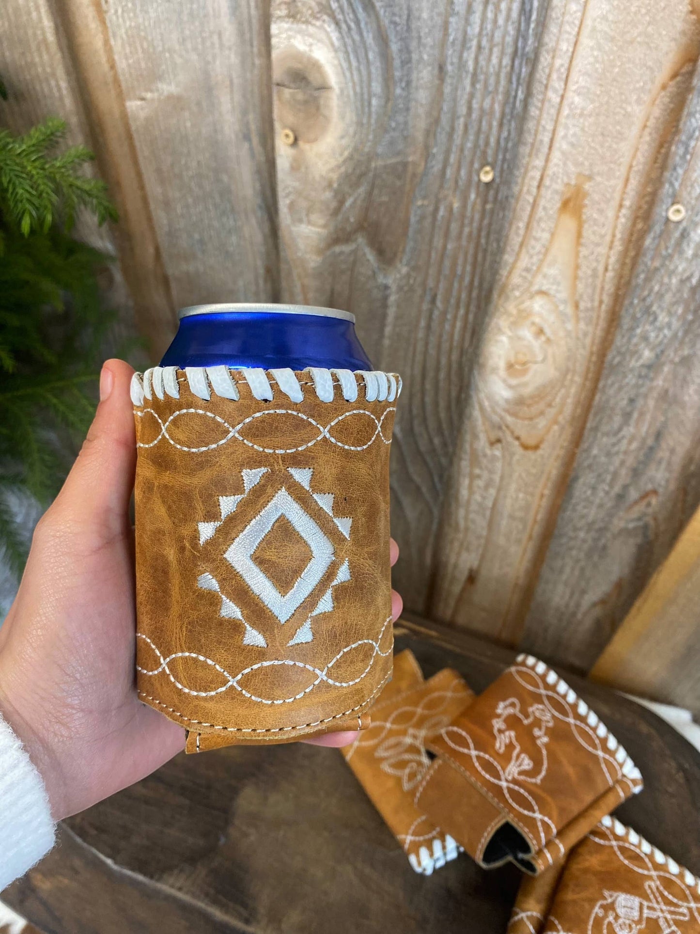Tan Aztec Leather Koozie 